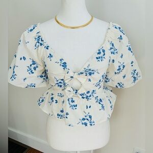 Floral Blue and White puff sleeve crop top 100% cotton top Band Of The Free.